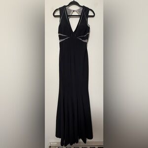 Betsy & Adam Mesh Cutout Halter Evening‎ Gown in Black - 6